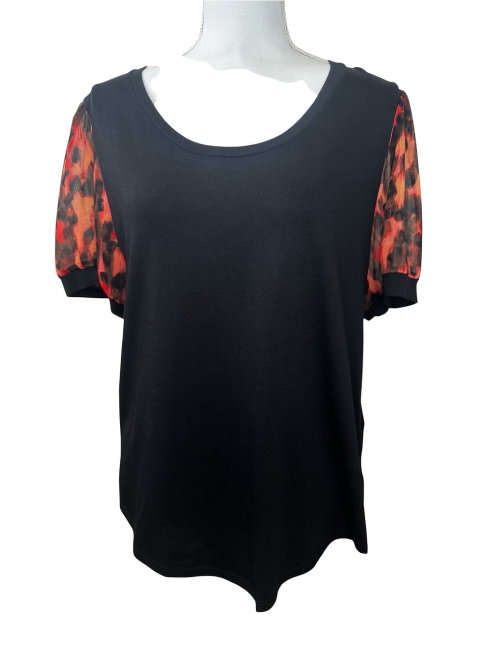 Black Short Sleeve Top with Animal Print Sheer Puff Sleeves DKNY-Size L